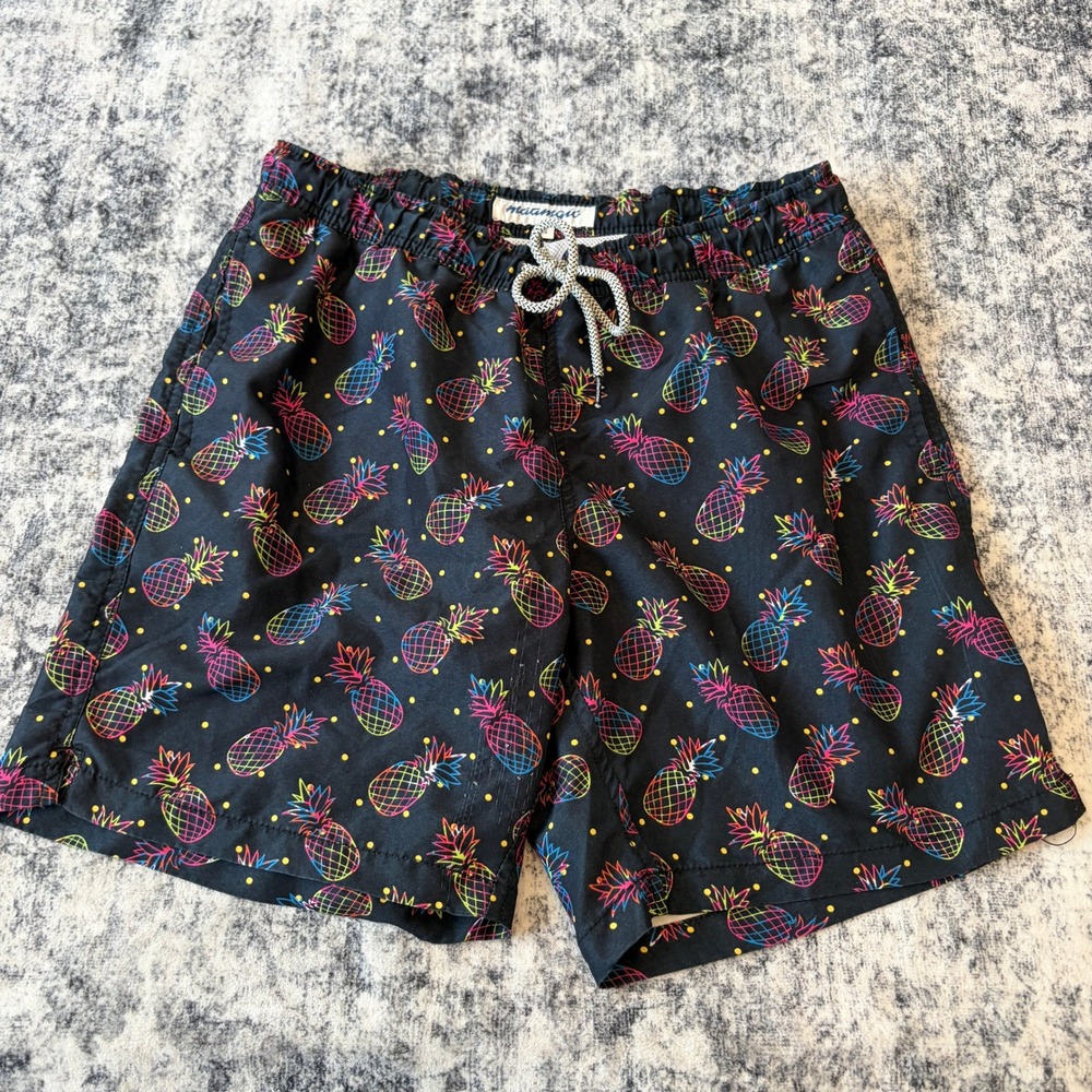 Maamgic Pineapple Swim Trunks Mens S Black Neon Rainbow Print Mesh Lined Snags